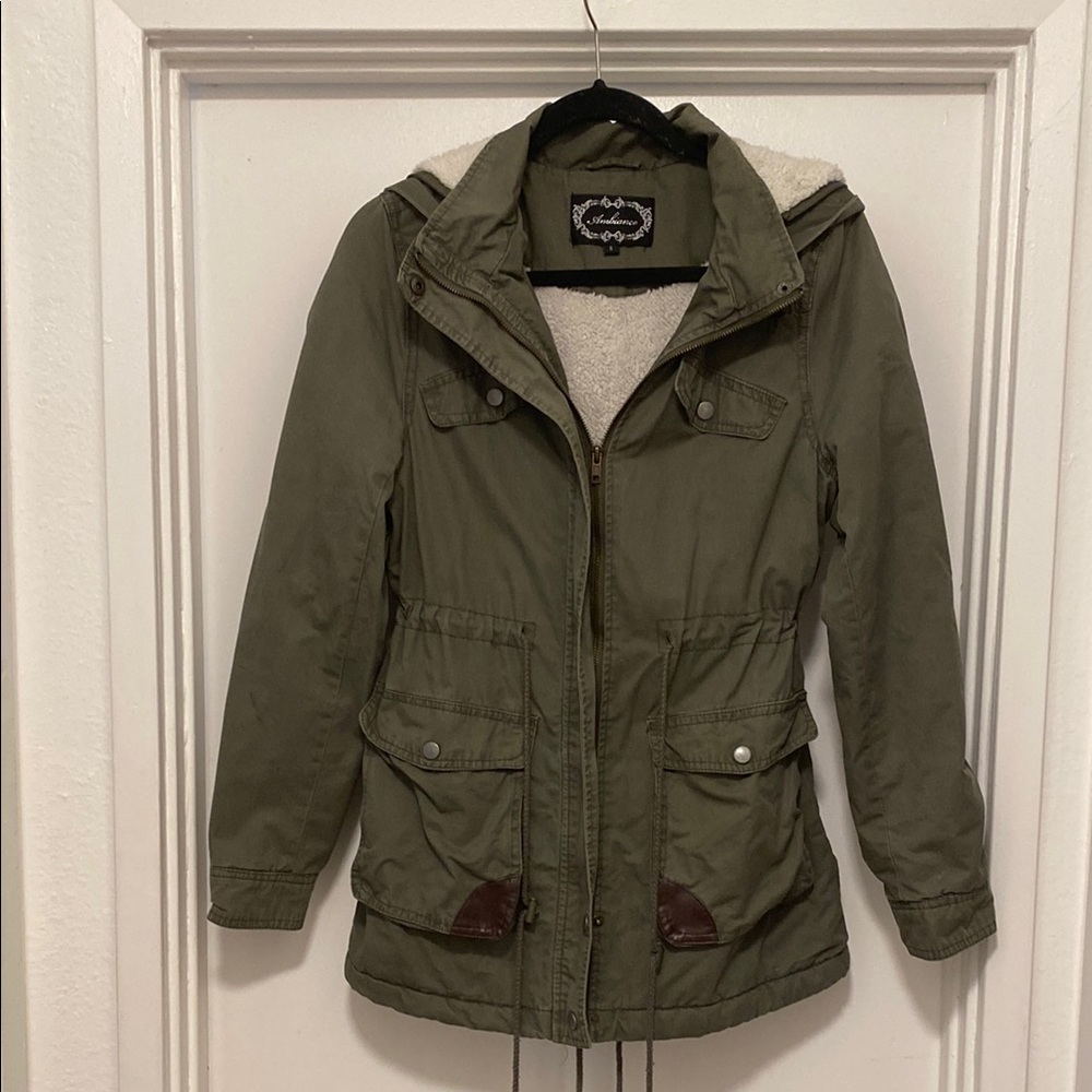 Jacket Olive Green Hooded Fleece-Lined